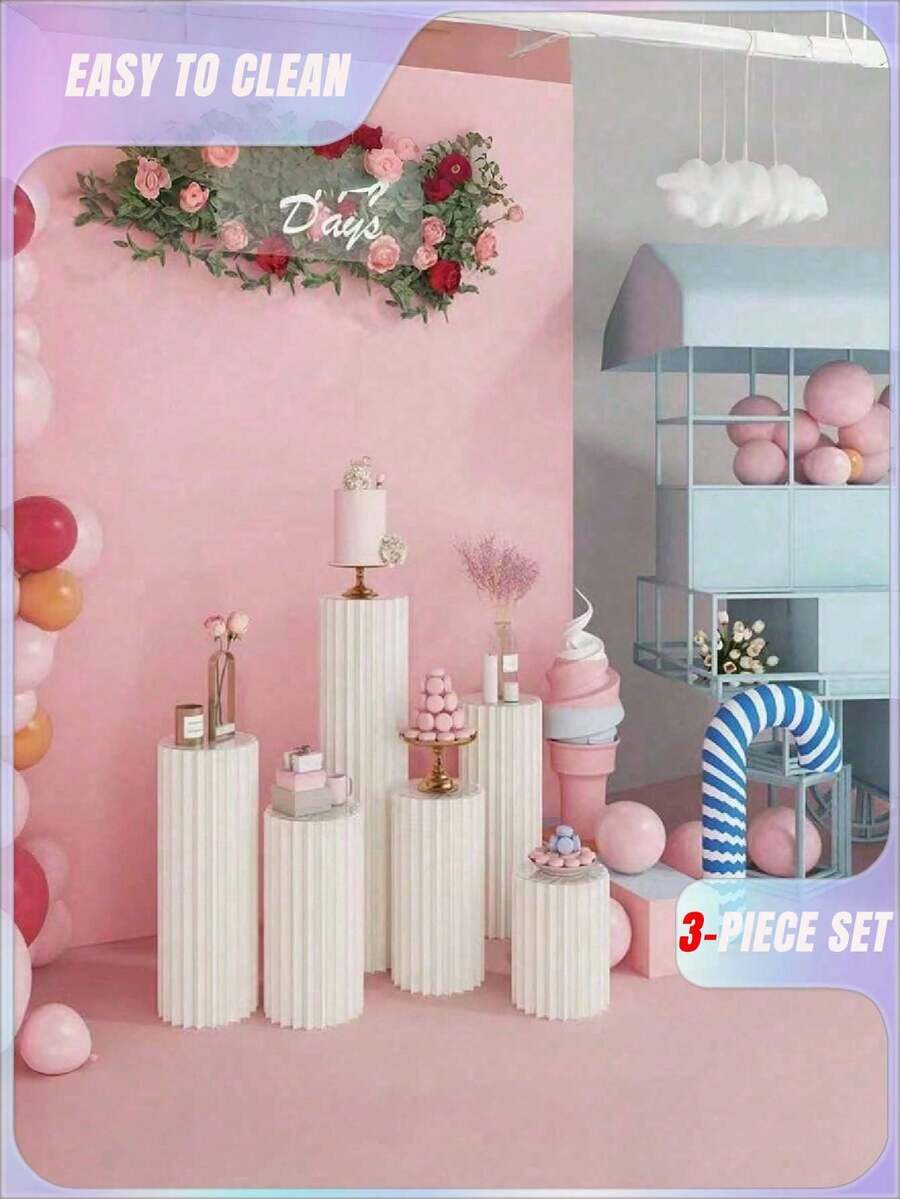 3pcs Set Cardboard Pedestal Stand, Folding Pillar Stand, Wedding Props, Floor Display Column Stand, DIY Pedestal Box With Round Top Plate Folding Paper Cylinder Column Pedestal Wedding Birthday Cake Flower Stand Rack,Material: Paper ,Can Bear 20kg - Multicolor - View 1