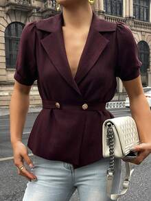DAZY Chemise formelle de navettage rouge pour femmes avec col, manches bouffantes et ceinture à la taille, style Y2K d'été - Rouge foncé - Voir 5
