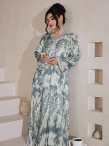 Al Najma 女士春夏蓝色扎染数码豹纹长袖连帽开衫和传统土耳其/阿拉伯长袍 - 藍色 - 查看 7