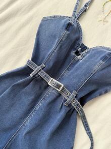 Elamini Women's Casual Denim Romper, Summer - Blue - View 3