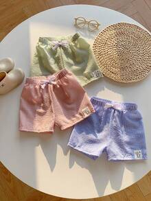 SHEIN 男女宝宝三件套可爱薄纱条纹泳裤泳衣套装，适合海滩、游泳和日常穿着 - 彩色 - 查看 6