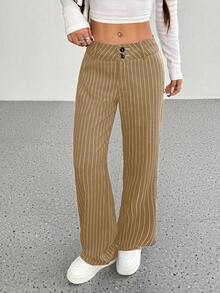 SHEIN Unity 女士腰部纽扣设计条纹阔腿休闲裤 - 摩卡棕 - 查看 4