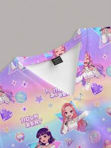 TaskEZ Women's Scrub Uniform Top With Girl Group & Starry Sky Print - Multicolor - View 3