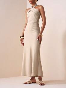 Zivah Solid Halter Neck Backless Dress - Khaki - View 3