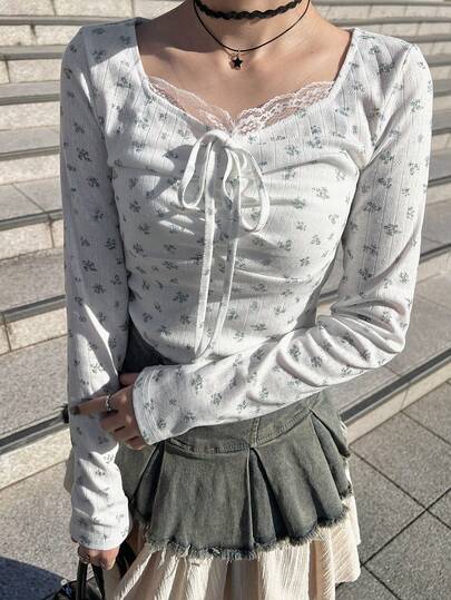 FRIFUL Women's Ditsy Floral Contrast Lace Front Tie Long Sleeve Casual T-Shirt