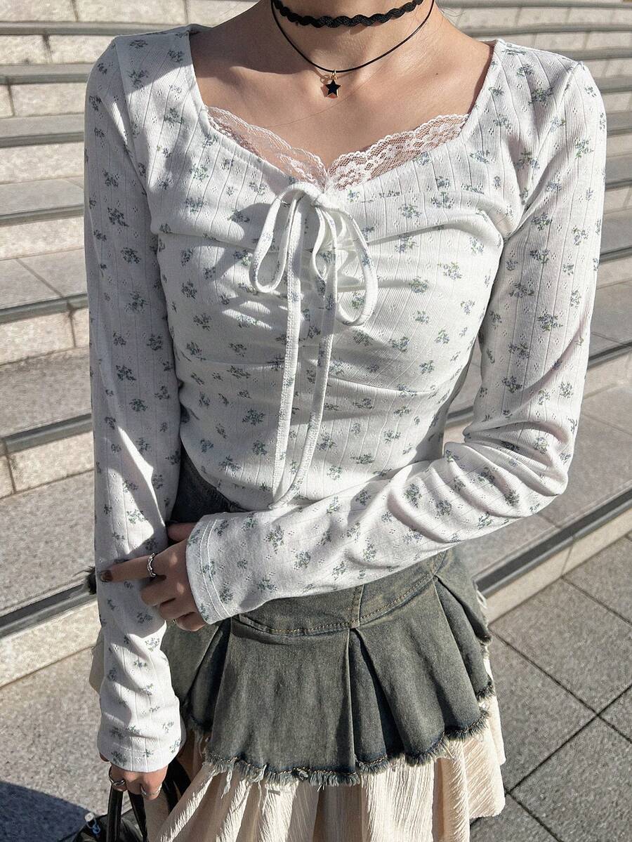 FRIFUL Women's Ditsy Floral Contrast Lace Front Tie Long Sleeve Casual T-Shirt - White - View 1