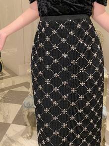 DAZY 女士优雅通勤亮片装饰裙 - 黑色 - 查看 4