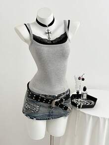 Elamini 女士休闲蕾丝边无袖吊带背心，仿二合一设计，灰色，春夏搭扣上衣，适合摇滚音乐会、女式音乐会、时尚游乐园等场合。 - 灰色 - 查看 3