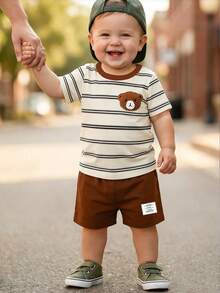 Baby Boy Cartoon Bear Print T-Shirt And Shorts Set, Spring/Summer - Multicolor - View 3