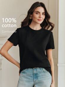Anewsta Women's Fashionable Elegant Casual Black Short Sleeve T-Shirt, Versatile From Spring To Summer - Black - View 3