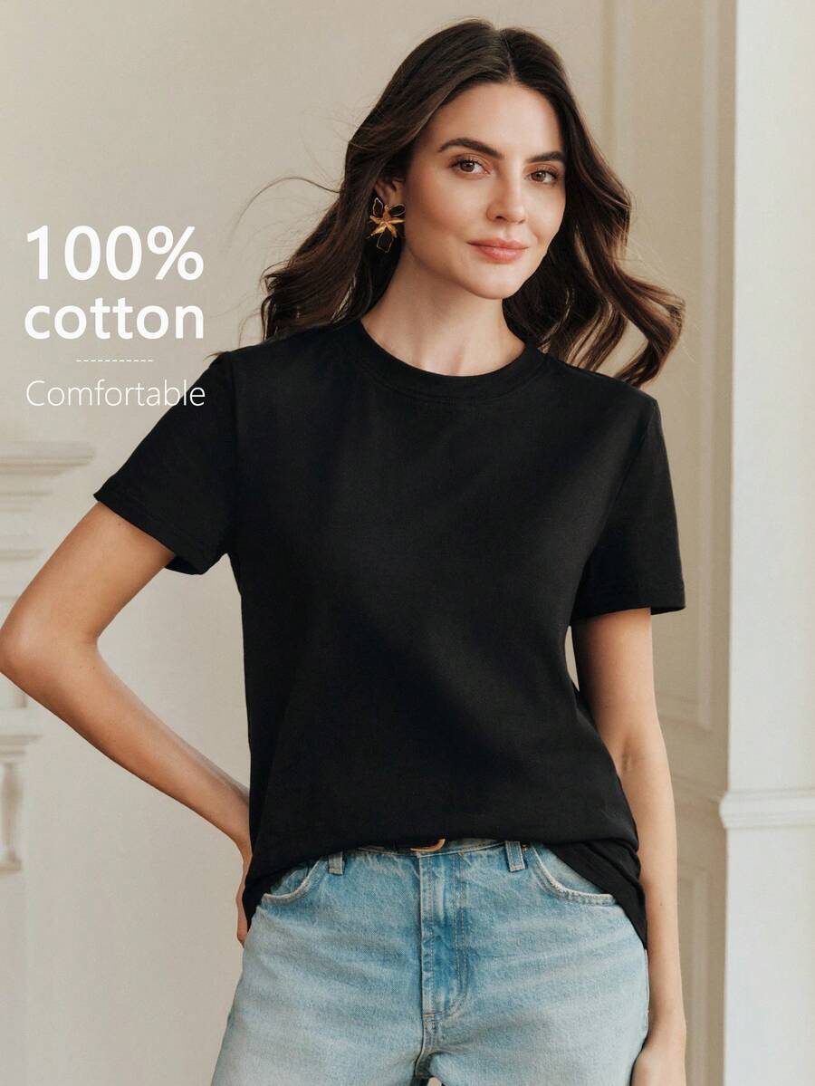 Anewsta 女士时尚优雅休闲黑色短袖T恤，春夏皆宜 - 黑色 - 查看 1