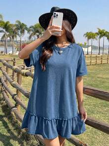 Comfortcana 复古水洗蓝色做旧针织荷叶边下摆短袖连衣裙 - 中等水洗藍 - 查看 4