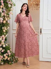SHEIN Elegant Maternity Jacquard V-Neck Ruffle Sleeve Dress, Summer - Dusty Pink - View 6