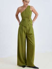 Aveloria Modichic 两件套女士通勤约会绿色前扣肩上衣和裤子套装 - 橄欖綠 - 查看 1