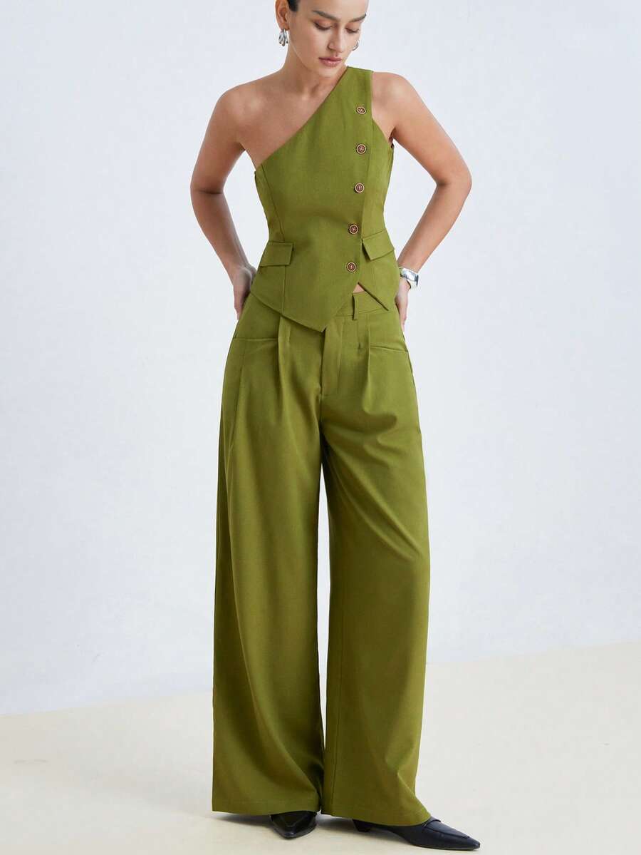 Aveloria Modichic 两件套女士通勤约会绿色前扣肩上衣和裤子套装 - 橄欖綠 - 查看 1