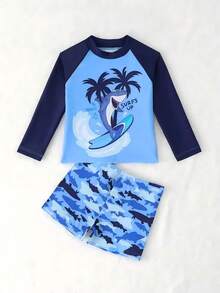 SHEIN 男婴螃蟹印花长袖上衣和条纹短裤 2 件套泳衣套装，非常适合夏季海滩、泳池、游泳、水上乐园、冲浪 - 彩色 - 查看 6