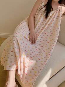 Dazy Plus Plus Size Women's Summer Butterfly Print Contrast Schiffy Ruffle Loose Camisole Nightgown Pajamas - Pink - View 1