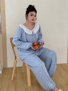 Dazy Plus Plus Size Women Bow Polka Dot Print Ruffle Trim Long Sleeve Top And Pants Pajama Set - Blue - View 4