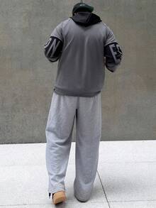 Heavens Edit Men's Fashion Colorblock Hooded Sweatshirt, For Fall, Long Sleeve Top - Dark Grey - View 2