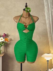 Mistrie Women's Green Cutout Halter Tie Jumpsuit - Multicolor - View 1