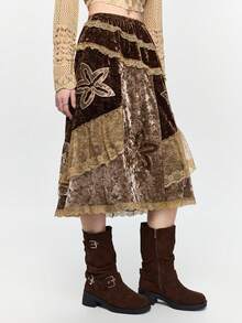 ROMWE Fairycore 仙女风天鹅绒撞色蕾丝中长裙 - 彩色 - 查看 5