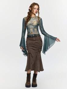 ROMWE Fairycore 仙女、圣母玛利亚、莲花和十字架印花修身喇叭袖薄纱女式上衣 - 彩色 - 查看 3