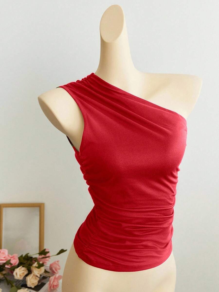 Elamini 杏色褶皱不对称肩部修身上衣，时尚简约休闲优雅百搭，适合日常穿着和通勤，春夏款 - 紅色 - 查看 1