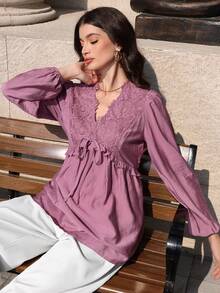 Mulvari Women's Lace Trim Tie Front Lantern Sleeve Casual Blouse, Versatile For Dates And Outings - Purple - View 7