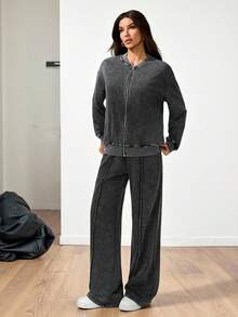 SHEIN Tall Casual Washed Snow Flake Baseball Jacket And Relaxed Fit Pants Set/Summer And Summer Co Ords Sets Women Lounge Wear Track Suits For Women - Black - View 5