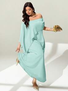 Auralis Váy suông cổ thuyền trễ vai mới ôm vừa vặn có dây thắt lưng bồng bềnh, váy/khăn choàng màu xanh bạc hà thanh lịch có tay áo thác nước, thích hợp cho sinh nhật, tiệc tùng, cocktail, đa năng, xuân/thu, cỡ lớn - Màu xanh Bạc hà - Xem 2