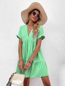 EMERY ROSE Women's Casual V-Neck Ruffle Hem Short Sleeve Dress, Summer Women's Dress Women's Summer Dresses Women Dress Resort Wear Women Vacation Dress Women Casual Dresses - Green - View 4