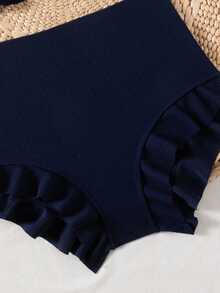 Swim Vcay 方领荷叶边比基尼套装，露脐上衣和短裤 - 寶藍色 - 查看 7