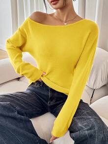 SHEIN SXY 女士纯色不对称领口休闲长袖红色毛衣，适合休闲派对、优雅居家穿着，性感秋冬休闲圣诞节万圣节新年不对称上衣 - 黃色 - 查看 8