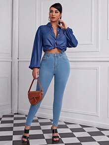 SHEIN Unity 女士休闲通勤水洗修身牛仔裤 - 淺色水洗藍 - 查看 3