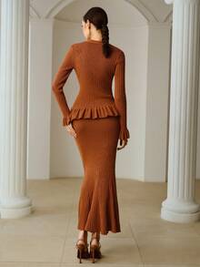 ZEYLAH 女士优雅高档毛衣半裙两件套 - 鏽棕色 - 查看 3