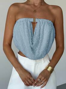 Aloruh 新款性感褶皱领口弹力收拢金属扣装饰修身露脐上衣 - 淺藍色 - 查看 4