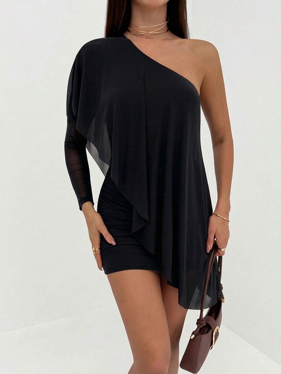 Aloruh Women's Solid Color Minimalist Casual Asymmetrical Shoulder Mini Dress ,Summer Dress - Black - View 1