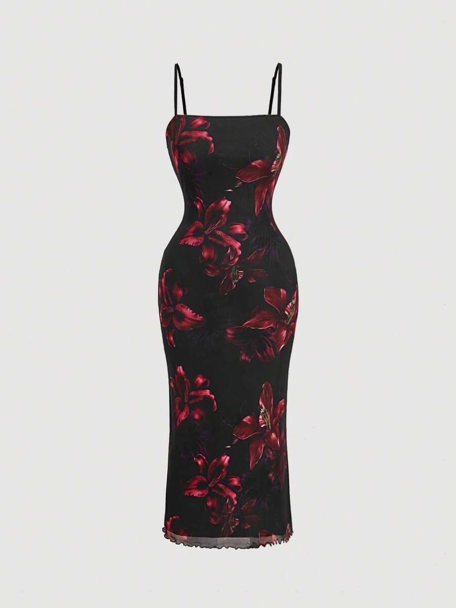 SHEIN MOD Plus Size Elegant Black Burgundy Large Floral Mesh Cami Maxi Dress, Vintage Bodycon Birthday Party Summer Dress For Women - Multicolor - View 1