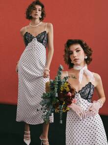 Poéselle 波点印花蕾丝拼接优雅吊带裙 - 黑與白 - 查看 4