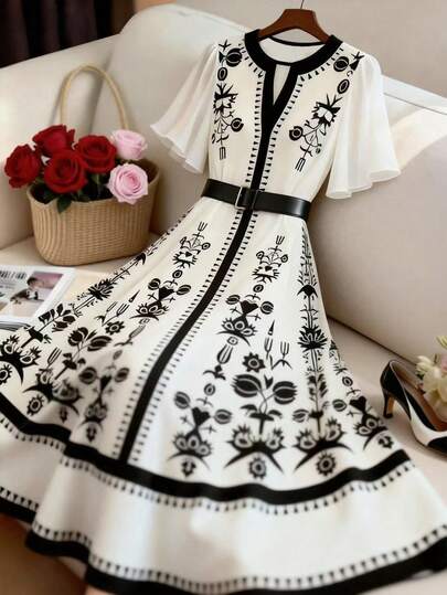 GlowEve Women's Floral Paisley Print Waist Fit & Flare Dress, Elegant For Holiday, Casual, Commute, Valentine's Day, Date, French Street Style, Retro Versatile, White Base With Black Floral Print, Early Spring/Spring Summer, New Mid-Sleeve Long Dress