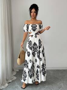 SHEIN Elenzya Đầm nữ tay ngắn dáng chữ A trễ vai xếp ly in họa tiết Paisley, thanh lịch cho mặc hàng ngày, đi nghỉ mát, đi làm, ngày Valentine, hẹn hò, phong cách đường phố Pháp, cổ điển, dự tiệc, màu mơ chủ đạo phối họa tiết đen, mẫu mới về đầu xuân/hè. - Nhiều màu - Xem 4