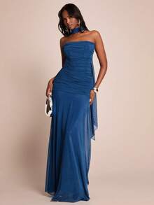 SHEIN BAE Women's Teal Blue Summer Elegant Dining Dress,Solid Navy Blue Ruched Fitted Maxi Strapless Tie Waist Beach Resort Wedding Guest Attire Brunch Dress - Navy Blue - View 4