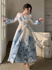 DAZY Women's Elegant Floral Print V-Neck Puff Sleeve Tie Waist Mid-Length Dress, Spring/Summer Wedding Guest Dress - Blue - View 9