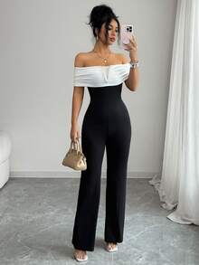 Rafferiza Women's Elegant And Sexy Black-And-White Contrast Off-The-Shoulder Slim-Fit Jumpsuit With A Fitted Waist,Suitable For Daily Wear/Business Attire/Commute Outfit/Relaxing Vacation/Dinner/Valentine's Day - Black - View 7