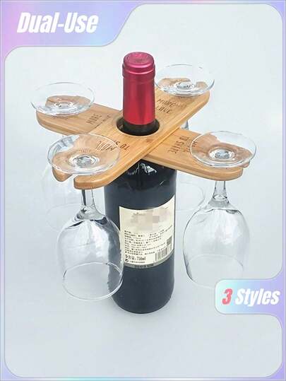 SHEIN 1/2/3 pezzi Portabottiglie di vino in legno, creativo e personalizzato, oggetto artigianale in legno, regalo ideale per gli amanti del vino, accessorio bar - Regge 1 bottiglia e 2 bicchieri