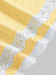 ROMWE Women Contrast Lace Camisole And Shorts Casual Pajama Set - Yellow - View 3