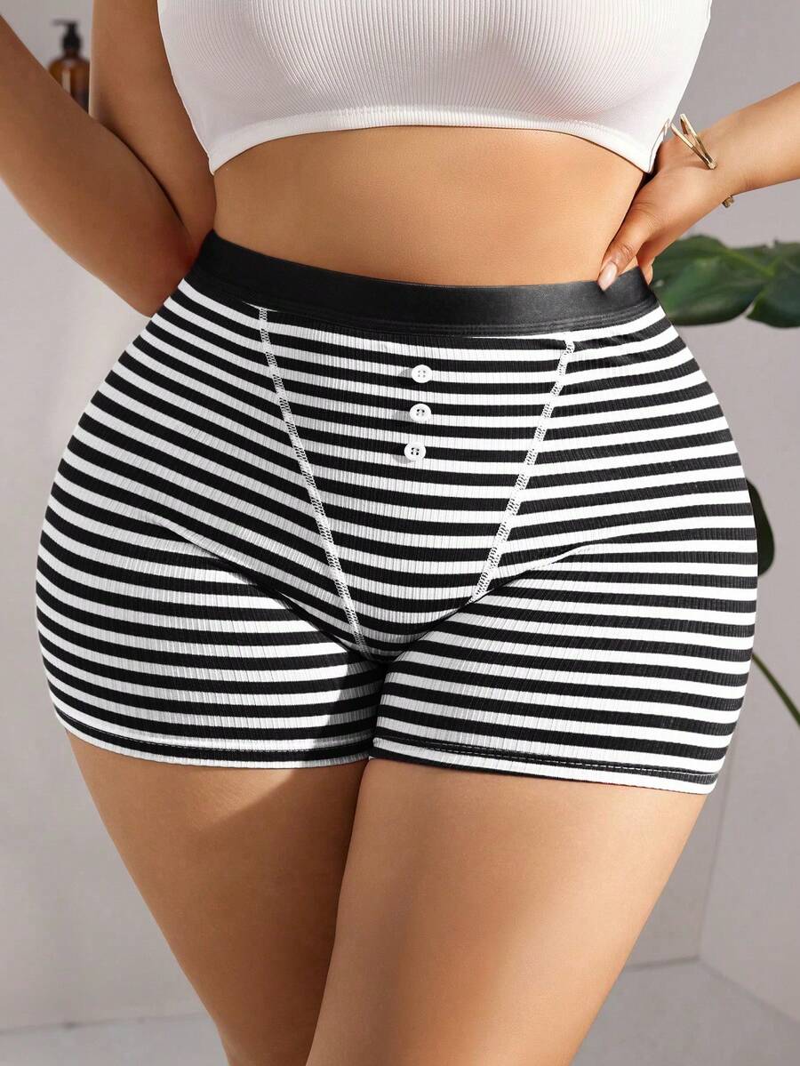 SHEIN 1 pieza Ropa interior transpirable de rayas para talla grande - Blanco y Negro - Ver 1