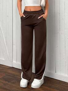 SHEIN PETITE Contrast Tape Side Elastic Waist Sweatpants - Brown - View 4