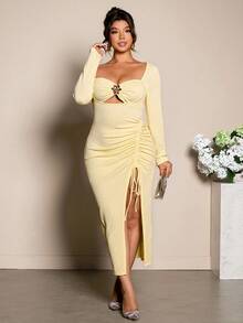 Cravure Plus Size Women Asymmetrical Hem Textured Long Sleeve Dress - Light Yellow - View 1