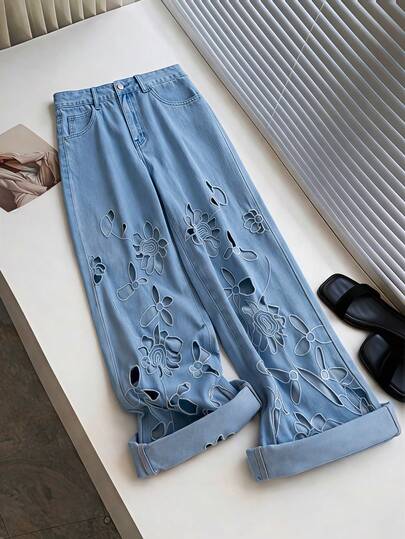 GlowEve Women's Casual Washed Hollow Flower Embroidery Wide Leg Jeans